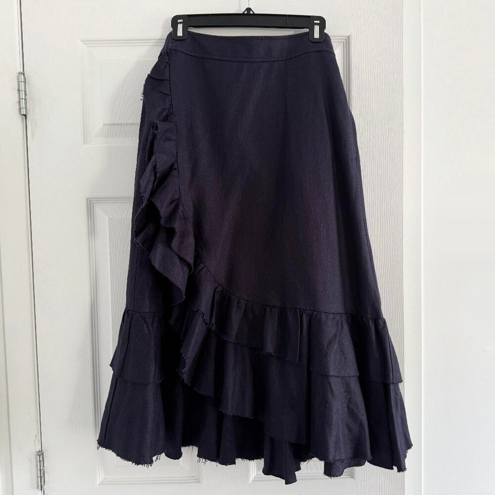 Lee Mathews Linen Wrap Skirt w Ruffle in Navy, size "4" (size L/XL)